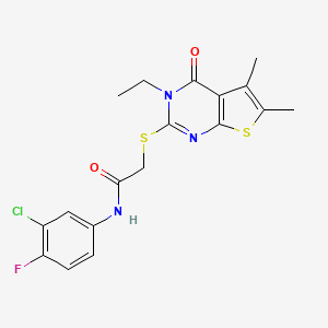 molecular formula C18H17ClFN3O2S2 B12014452 N-(3-Chloro-4-fluorophenyl)-2-((3-ethyl-5,6-dimethyl-4-oxo-3,4-dihydrothieno[2,3-d]pyrimidin-2-yl)thio)acetamide CAS No. 618427-71-7