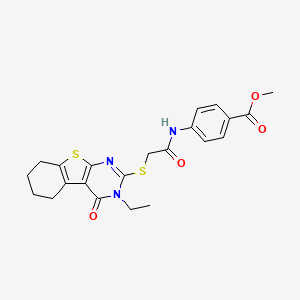 molecular formula C22H23N3O4S2 B12015355 Methyl 4-({[(3-ethyl-4-oxo-3,4,5,6,7,8-hexahydro[1]benzothieno[2,3-d]pyrimidin-2-yl)sulfanyl]acetyl}amino)benzoate CAS No. 618879-63-3