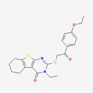 molecular formula C22H24N2O3S2 B12015585 2-((2-(4-Ethoxyphenyl)-2-oxoethyl)thio)-3-ethyl-5,6,7,8-tetrahydrobenzo[4,5]thieno[2,3-d]pyrimidin-4(3H)-one CAS No. 577700-25-5