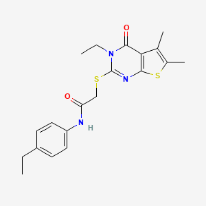 molecular formula C20H23N3O2S2 B12015764 2-[(3-ethyl-5,6-dimethyl-4-oxo-3,4-dihydrothieno[2,3-d]pyrimidin-2-yl)sulfanyl]-N-(4-ethylphenyl)acetamide CAS No. 618427-74-0