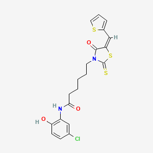 molecular formula C20H19ClN2O3S3 B12016857 N-(5-Chloro-2-hydroxyphenyl)-6-[(5E)-4-oxo-5-(2-thienylmethylene)-2-thioxo-1,3-thiazolidin-3-YL]hexanamide 