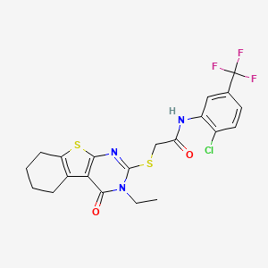 molecular formula C21H19ClF3N3O2S2 B12017201 N-[2-chloro-5-(trifluoromethyl)phenyl]-2-[(3-ethyl-4-oxo-3,4,5,6,7,8-hexahydro[1]benzothieno[2,3-d]pyrimidin-2-yl)sulfanyl]acetamide CAS No. 618427-88-6