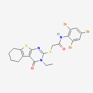 molecular formula C20H18Br3N3O2S2 B12017416 2-[(3-ethyl-4-oxo-3,4,5,6,7,8-hexahydro[1]benzothieno[2,3-d]pyrimidin-2-yl)sulfanyl]-N-(2,4,6-tribromophenyl)acetamide 