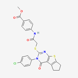 molecular formula C25H20ClN3O4S2 B12017845 methyl 4-[({[3-(4-chlorophenyl)-4-oxo-3,5,6,7-tetrahydro-4H-cyclopenta[4,5]thieno[2,3-d]pyrimidin-2-yl]sulfanyl}acetyl)amino]benzoate 