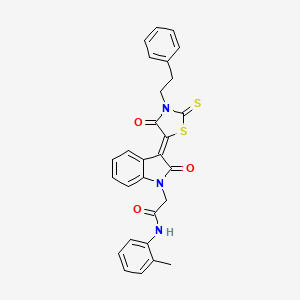 molecular formula C28H23N3O3S2 B12018076 N-(2-methylphenyl)-2-{(3Z)-2-oxo-3-[4-oxo-3-(2-phenylethyl)-2-thioxo-1,3-thiazolidin-5-ylidene]-2,3-dihydro-1H-indol-1-yl}acetamide CAS No. 618072-94-9