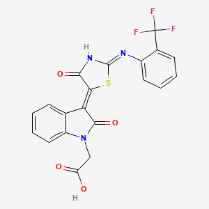 molecular formula C20H12F3N3O4S B12018222 {(3Z)-2-oxo-3-[4-oxo-2-{[2-(trifluoromethyl)phenyl]amino}-1,3-thiazol-5(4H)-ylidene]-2,3-dihydro-1H-indol-1-yl}acetic acid 