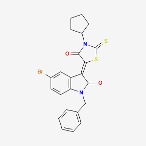 molecular formula C23H19BrN2O2S2 B12019155 (3Z)-1-benzyl-5-bromo-3-(3-cyclopentyl-4-oxo-2-thioxo-1,3-thiazolidin-5-ylidene)-1,3-dihydro-2H-indol-2-one 