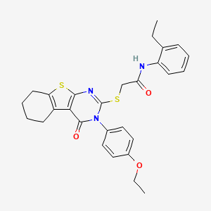 molecular formula C28H29N3O3S2 B12020470 2-{[3-(4-ethoxyphenyl)-4-oxo-3,4,5,6,7,8-hexahydro[1]benzothieno[2,3-d]pyrimidin-2-yl]sulfanyl}-N-(2-ethylphenyl)acetamide 