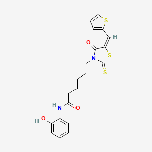 N-(2-hydroxyphenyl)-6-[(5E)-4-oxo-5-(thiophen-2-ylmethylidene)-2-thioxo-1,3-thiazolidin-3-yl]hexanamide