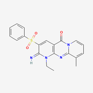 molecular formula C20H18N4O3S B12021802 5-(benzenesulfonyl)-7-ethyl-6-imino-11-methyl-1,7,9-triazatricyclo[8.4.0.03,8]tetradeca-3(8),4,9,11,13-pentaen-2-one 