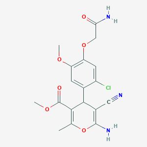 molecular formula C18H18ClN3O6 B1202218 6-amino-4-[4-(2-amino-2-oxoethoxy)-2-chloro-5-methoxyphenyl]-5-cyano-2-methyl-4H-pyran-3-carboxylic acid methyl ester 
