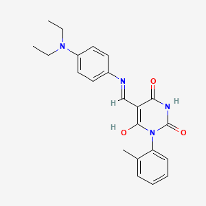 molecular formula C22H24N4O3 B1202223 5-[[4-(Diethylamino)anilino]methylidene]-1-(2-methylphenyl)-1,3-diazinane-2,4,6-trione 