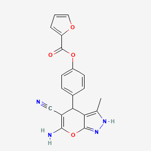 molecular formula C19H14N4O4 B1202228 4-(6-Amino-5-cyano-3-methyl-1,4-dihydropyrano[2,3-c]pyrazol-4-yl)phenyl 2-furoate 