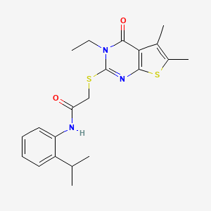 molecular formula C21H25N3O2S2 B12022312 2-((3-Ethyl-5,6-dimethyl-4-oxo-3,4-dihydrothieno[2,3-d]pyrimidin-2-yl)thio)-N-(2-isopropylphenyl)acetamide CAS No. 618427-77-3