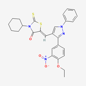 molecular formula C27H26N4O4S2 B12022689 3-Cyclohexyl-5-((3-(4-ethoxy-3-nitrophenyl)-1-phenyl-1H-pyrazol-4-yl)methylene)-2-thioxothiazolidin-4-one CAS No. 623940-43-2