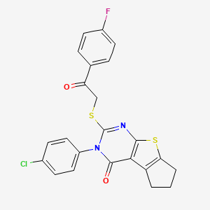 molecular formula C23H16ClFN2O2S2 B12022743 3-(4-chlorophenyl)-2-{[2-(4-fluorophenyl)-2-oxoethyl]sulfanyl}-3,5,6,7-tetrahydro-4H-cyclopenta[4,5]thieno[2,3-d]pyrimidin-4-one 