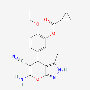 molecular formula C20H20N4O4 B1202278 Cyclopropanecarboxylic acid [5-(6-amino-5-cyano-3-methyl-2,4-dihydropyrano[2,3-c]pyrazol-4-yl)-2-ethoxyphenyl] ester 