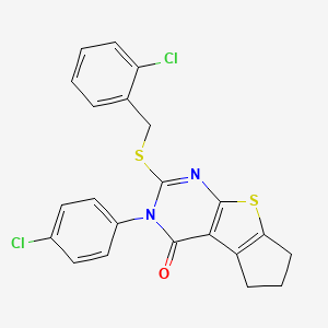 molecular formula C22H16Cl2N2OS2 B12023145 2-[(2-chlorobenzyl)sulfanyl]-3-(4-chlorophenyl)-3,5,6,7-tetrahydro-4H-cyclopenta[4,5]thieno[2,3-d]pyrimidin-4-one 