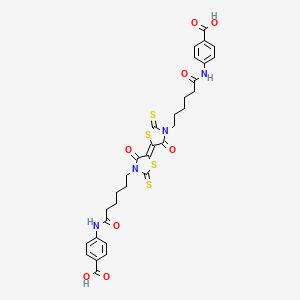 molecular formula C32H32N4O8S4 B12023199 4-({6-[(5E)-5-(3-{6-[(4-carboxyphenyl)amino]-6-oxohexyl}-4-oxo-2-thioxo-1,3-thiazolidin-5-ylidene)-4-oxo-2-thioxo-1,3-thiazolidin-3-yl]hexanoyl}amino)benzoic acid 