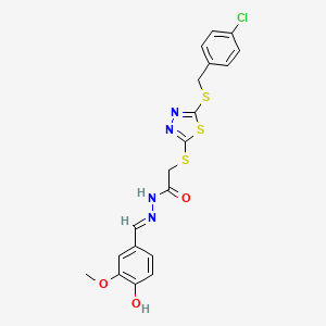 molecular formula C19H17ClN4O3S3 B12023538 2-({5-[(4-chlorobenzyl)sulfanyl]-1,3,4-thiadiazol-2-yl}sulfanyl)-N'-[(E)-(4-hydroxy-3-methoxyphenyl)methylidene]acetohydrazide 