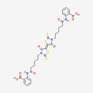 molecular formula C32H32N4O8S4 B12023765 2-({6-[(5E)-5-(3-{6-[(2-carboxyphenyl)amino]-6-oxohexyl}-4-oxo-2-thioxo-1,3-thiazolidin-5-ylidene)-4-oxo-2-thioxo-1,3-thiazolidin-3-yl]hexanoyl}amino)benzoic acid 