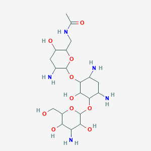 molecular formula C20H39N5O10 B1202377 N-[[5-amino-6-[4,6-diamino-3-[4-amino-3,5-dihydroxy-6-(hydroxymethyl)oxan-2-yl]oxy-2-hydroxycyclohexyl]oxy-3-hydroxyoxan-2-yl]methyl]acetamide CAS No. 61083-42-9