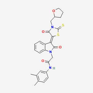 molecular formula C26H25N3O4S2 B12024235 N-(3,4-dimethylphenyl)-2-[(3Z)-2-oxo-3-[4-oxo-3-(oxolan-2-ylmethyl)-2-sulfanylidene-1,3-thiazolidin-5-ylidene]indol-1-yl]acetamide 