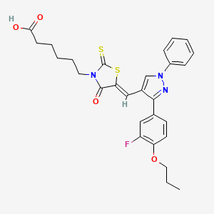 molecular formula C28H28FN3O4S2 B12025604 6-[(5Z)-5-[[3-(3-fluoro-4-propoxyphenyl)-1-phenylpyrazol-4-yl]methylidene]-4-oxo-2-sulfanylidene-1,3-thiazolidin-3-yl]hexanoic acid CAS No. 623939-87-7