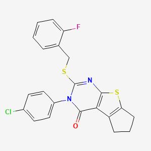 molecular formula C22H16ClFN2OS2 B12025759 3-(4-chlorophenyl)-2-[(2-fluorobenzyl)sulfanyl]-3,5,6,7-tetrahydro-4H-cyclopenta[4,5]thieno[2,3-d]pyrimidin-4-one 