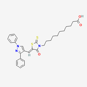 molecular formula C30H33N3O3S2 B12025921 11-{(5Z)-5-[(1,3-Diphenyl-1H-pyrazol-4-YL)methylene]-4-oxo-2-thioxo-1,3-thiazolidin-3-YL}undecanoic acid CAS No. 624724-47-6