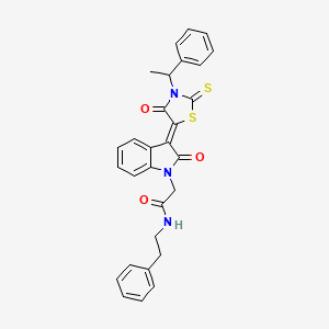 2-{(3Z)-2-oxo-3-[4-oxo-3-(1-phenylethyl)-2-thioxo-1,3-thiazolidin-5-ylidene]-2,3-dihydro-1H-indol-1-yl}-N-(2-phenylethyl)acetamide