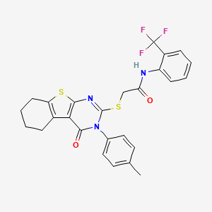 molecular formula C26H22F3N3O2S2 B12025978 2-{[3-(4-methylphenyl)-4-oxo-3,4,5,6,7,8-hexahydro[1]benzothieno[2,3-d]pyrimidin-2-yl]sulfanyl}-N-[2-(trifluoromethyl)phenyl]acetamide 