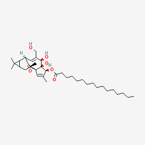 molecular formula C36H58O6 B1202618 5,5a-Dihydroxy-4-(hydroxymethyl)-1,1,7,9-tetramethyl-11-oxo-1a,2,5,5a,6,9,10,10a-octahydro-1H-2,8a-methanocyclopenta[a]cyclopropa[e][10]annulen-6-yl hexadecanoate 