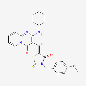 molecular formula C26H26N4O3S2 B12026616 2-(cyclohexylamino)-3-{(Z)-[3-(4-methoxybenzyl)-4-oxo-2-thioxo-1,3-thiazolidin-5-ylidene]methyl}-4H-pyrido[1,2-a]pyrimidin-4-one 