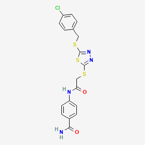 molecular formula C18H15ClN4O2S3 B12028092 4-{[({5-[(4-Chlorobenzyl)sulfanyl]-1,3,4-thiadiazol-2-yl}sulfanyl)acetyl]amino}benzamide 