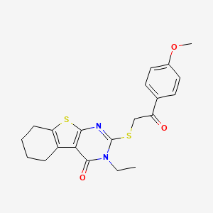 molecular formula C21H22N2O3S2 B12028499 3-ethyl-2-{[2-(4-methoxyphenyl)-2-oxoethyl]sulfanyl}-5,6,7,8-tetrahydro[1]benzothieno[2,3-d]pyrimidin-4(3H)-one CAS No. 618427-85-3