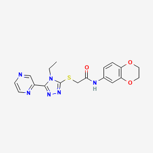 molecular formula C18H18N6O3S B12030264 N-(2,3-Dihydrobenzo[b][1,4]dioxin-6-yl)-2-((4-ethyl-5-(pyrazin-2-yl)-4H-1,2,4-triazol-3-yl)thio)acetamide CAS No. 618427-26-2