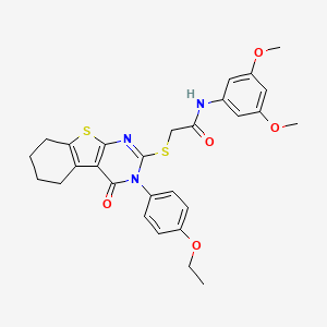 molecular formula C28H29N3O5S2 B12030265 N-(3,5-dimethoxyphenyl)-2-{[3-(4-ethoxyphenyl)-4-oxo-3,4,5,6,7,8-hexahydro[1]benzothieno[2,3-d]pyrimidin-2-yl]sulfanyl}acetamide 