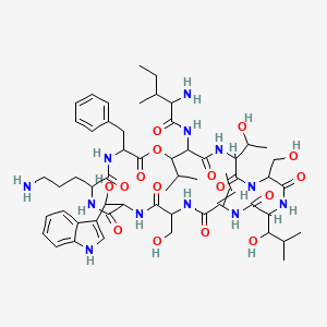 molecular formula C57H84N12O16 B1203027 2-氨基-N-[6-(3-氨基丙基)-3-苄基-15-乙叉基-24-(1-羟乙基)-9-[羟基(1H-吲哚-3-基)甲基]-12,21-双(羟甲基)-18-(1-羟基-2-甲基丙基)-2,5,8,11,14,17,20,23,26-壬氧基-28-丙烷-2-基-1-氧杂-4,7,10,13,16,19,22,25-八氮杂环辛八烯-27-基]-3-甲基戊酰胺 