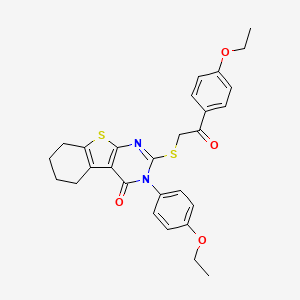 molecular formula C28H28N2O4S2 B12030694 3-(4-ethoxyphenyl)-2-{[2-(4-ethoxyphenyl)-2-oxoethyl]sulfanyl}-5,6,7,8-tetrahydro[1]benzothieno[2,3-d]pyrimidin-4(3H)-one 