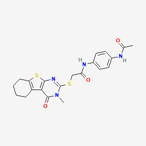 molecular formula C21H22N4O3S2 B12031179 N-[4-(acetylamino)phenyl]-2-[(3-methyl-4-oxo-3,4,5,6,7,8-hexahydro[1]benzothieno[2,3-d]pyrimidin-2-yl)sulfanyl]acetamide 