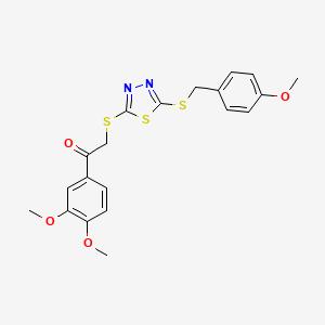 molecular formula C20H20N2O4S3 B12031423 1-(3,4-Dimethoxyphenyl)-2-({5-[(4-methoxybenzyl)sulfanyl]-1,3,4-thiadiazol-2-yl}sulfanyl)ethanone 