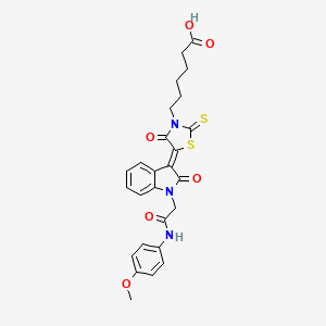 molecular formula C26H25N3O6S2 B12032204 6-((5Z)-5-{1-[2-(4-Methoxyanilino)-2-oxoethyl]-2-oxo-1,2-dihydro-3H-indol-3-ylidene}-4-oxo-2-thioxo-1,3-thiazolidin-3-YL)hexanoic acid 