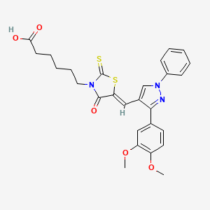 molecular formula C27H27N3O5S2 B12032304 6-((5Z)-5-{[3-(3,4-dimethoxyphenyl)-1-phenyl-1H-pyrazol-4-yl]methylene}-4-oxo-2-thioxo-1,3-thiazolidin-3-yl)hexanoic acid CAS No. 623935-73-9