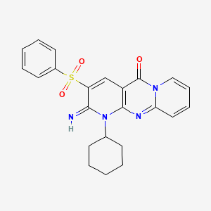 molecular formula C23H22N4O3S B12032633 3-Benzenesulfonyl-1-cyclohexyl-2-imino-1,2-dihydro-1,9,10a-triaza-anthracen-10-one 