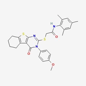 molecular formula C28H29N3O3S2 B12032672 2-{[3-(4-methoxyphenyl)-4-oxo-3,4,5,6,7,8-hexahydro[1]benzothieno[2,3-d]pyrimidin-2-yl]sulfanyl}-N-(2,4,6-trimethylphenyl)acetamide CAS No. 477331-48-9