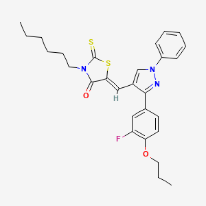 (5Z)-5-[[3-(3-fluoro-4-propoxyphenyl)-1-phenylpyrazol-4-yl]methylidene]-3-hexyl-2-sulfanylidene-1,3-thiazolidin-4-one