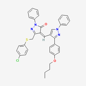 molecular formula C36H31ClN4O2S B12035319 (4Z)-4-{[3-(4-Butoxyphenyl)-1-phenyl-1H-pyrazol-4-YL]methylene}-5-{[(4-chlorophenyl)sulfanyl]methyl}-2-phenyl-2,4-dihydro-3H-pyrazol-3-one 