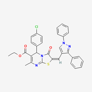 molecular formula C32H25ClN4O3S B12035629 Ethyl 5-(4-chlorophenyl)-2-((1,3-diphenyl-1H-pyrazol-4-yl)methylene)-7-methyl-3-oxo-3,5-dihydro-2H-thiazolo[3,2-a]pyrimidine-6-carboxylate CAS No. 624726-74-5