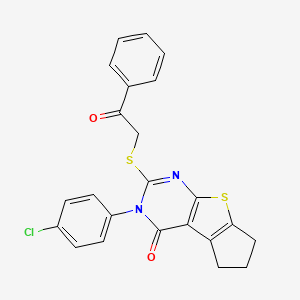 molecular formula C23H17ClN2O2S2 B12036551 3-(4-chlorophenyl)-2-[(2-oxo-2-phenylethyl)sulfanyl]-3,5,6,7-tetrahydro-4H-cyclopenta[4,5]thieno[2,3-d]pyrimidin-4-one CAS No. 586988-78-5